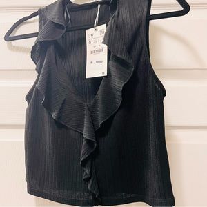 NWT Zara Black Cropped Tank with Ruffle Detail